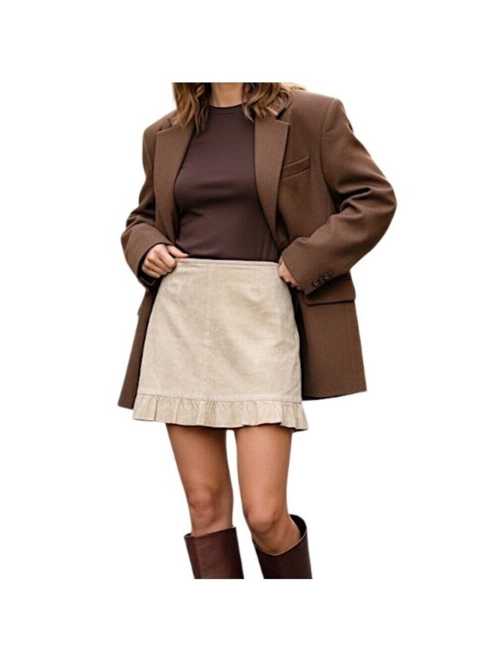 Vintage 90s Y2K beige genuine suede leather ruffle hem short mini skirt 13